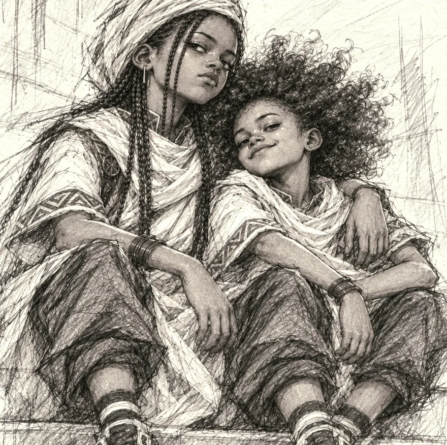 Two companions sharing a quiet moment, in a MENGA graphite illustration